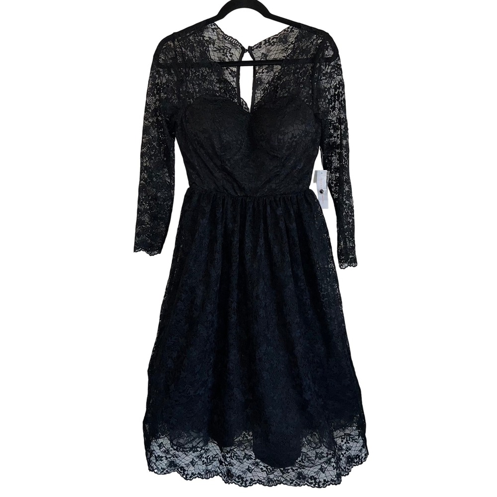 NWT‎ Modcloth Fit&Flare Long Sleeve Black Lace Dress Size 0 XS